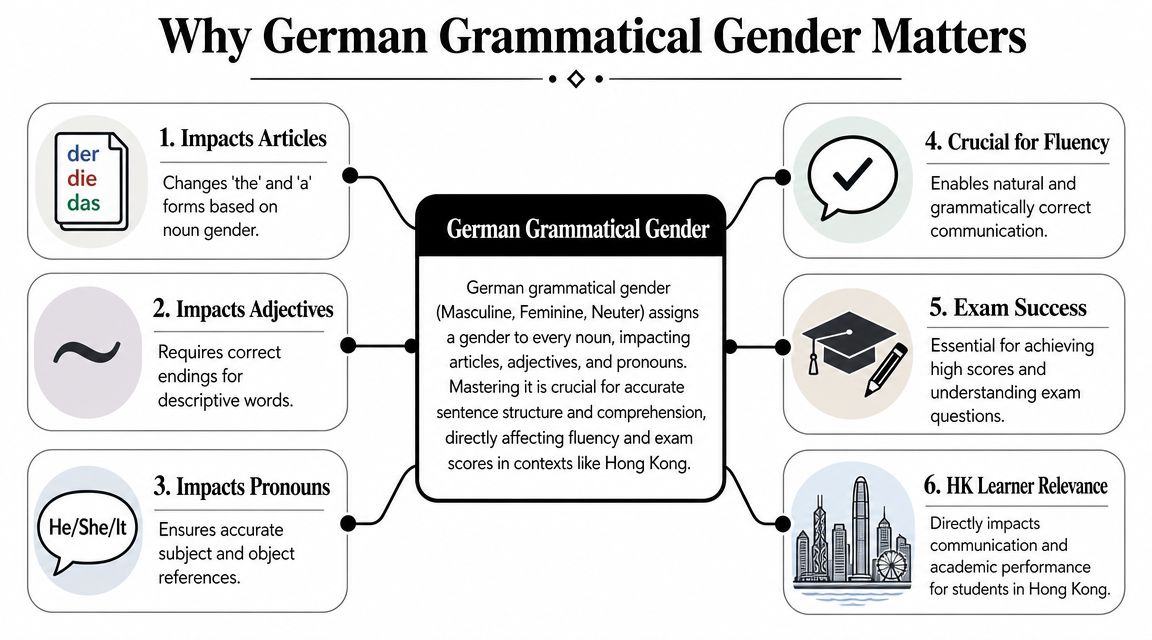 An infographic diagram explaining the importance of German grammatical gender for language learners and students.