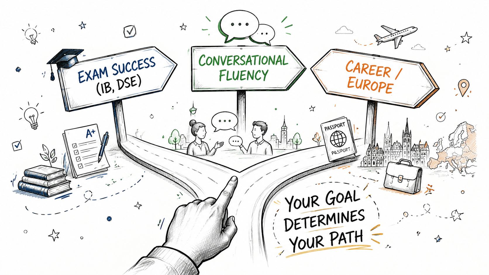 A hand pointing to a fork in a road with signs for exam success, fluency, and career goals.