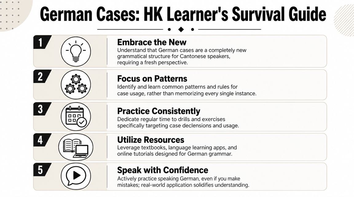 An infographic titled German Cases HK Learner's Survival Guide presenting five essential tips for learning German grammar.