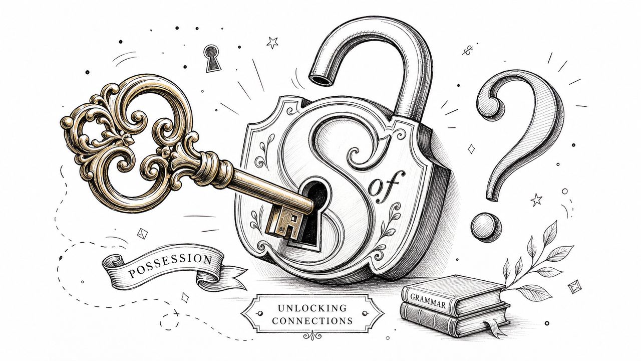 An artistic illustration featuring an antique key unlocking a padlock, with grammar book and text about possession.