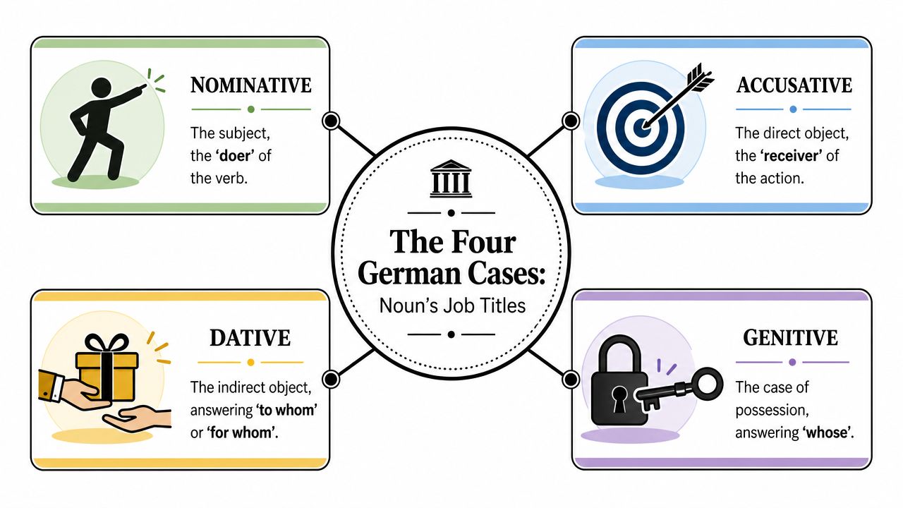 A diagram explaining the four German grammatical cases including Nominative, Accusative, Dative, and Genitive with descriptions.