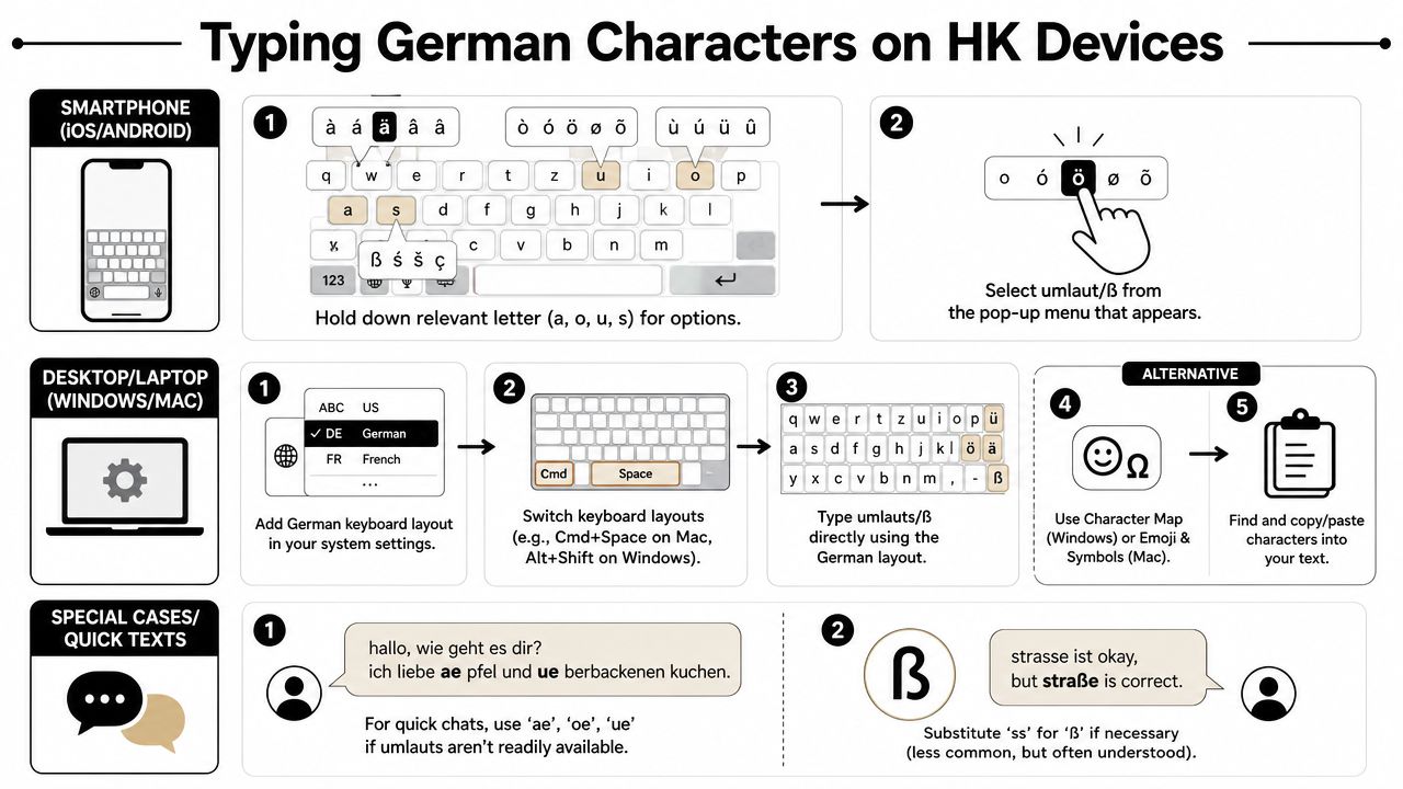 An instructional infographic detailing how to type German characters and umlauts on smartphone and computer keyboards.