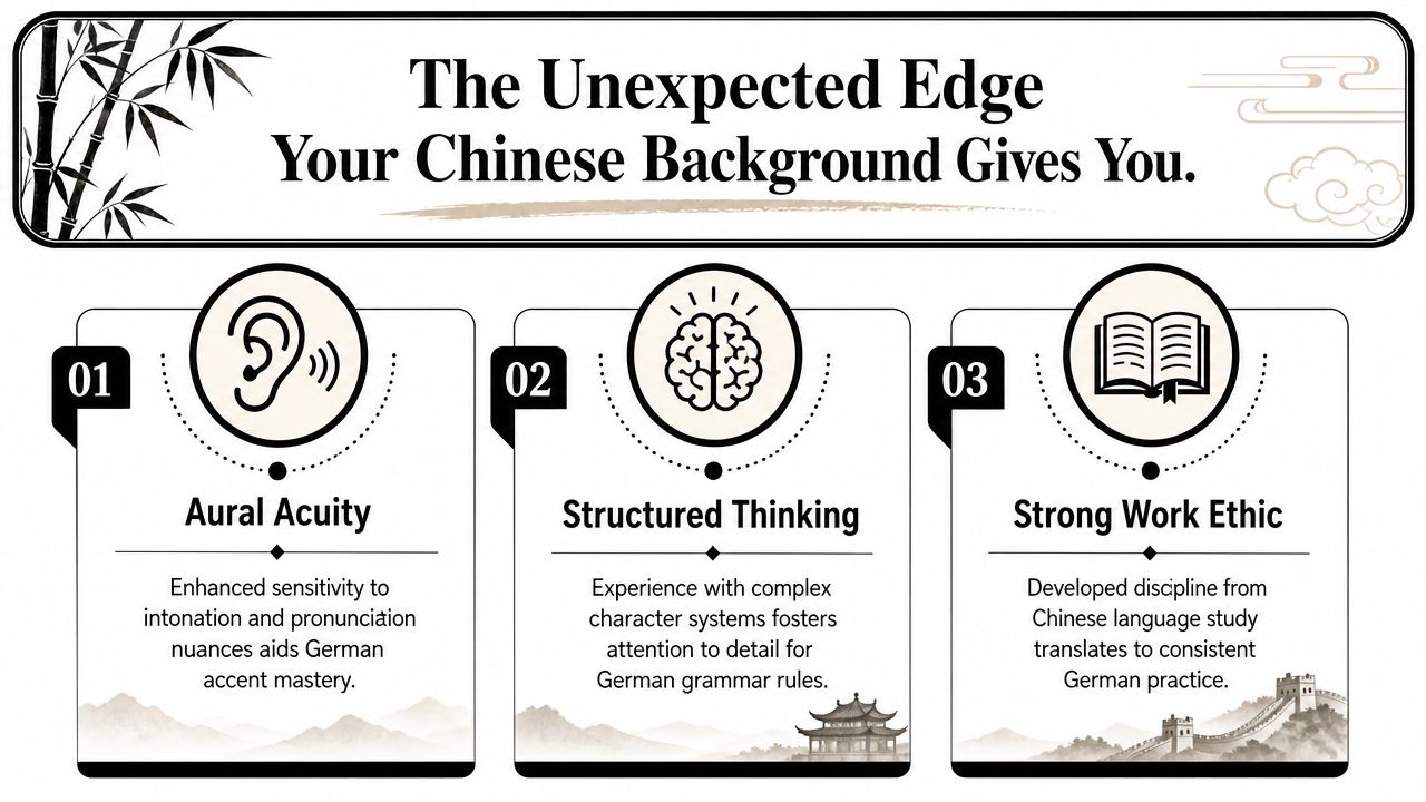 An infographic titled The Unexpected Edge of a Chinese Background, listing three advantages for learning German.