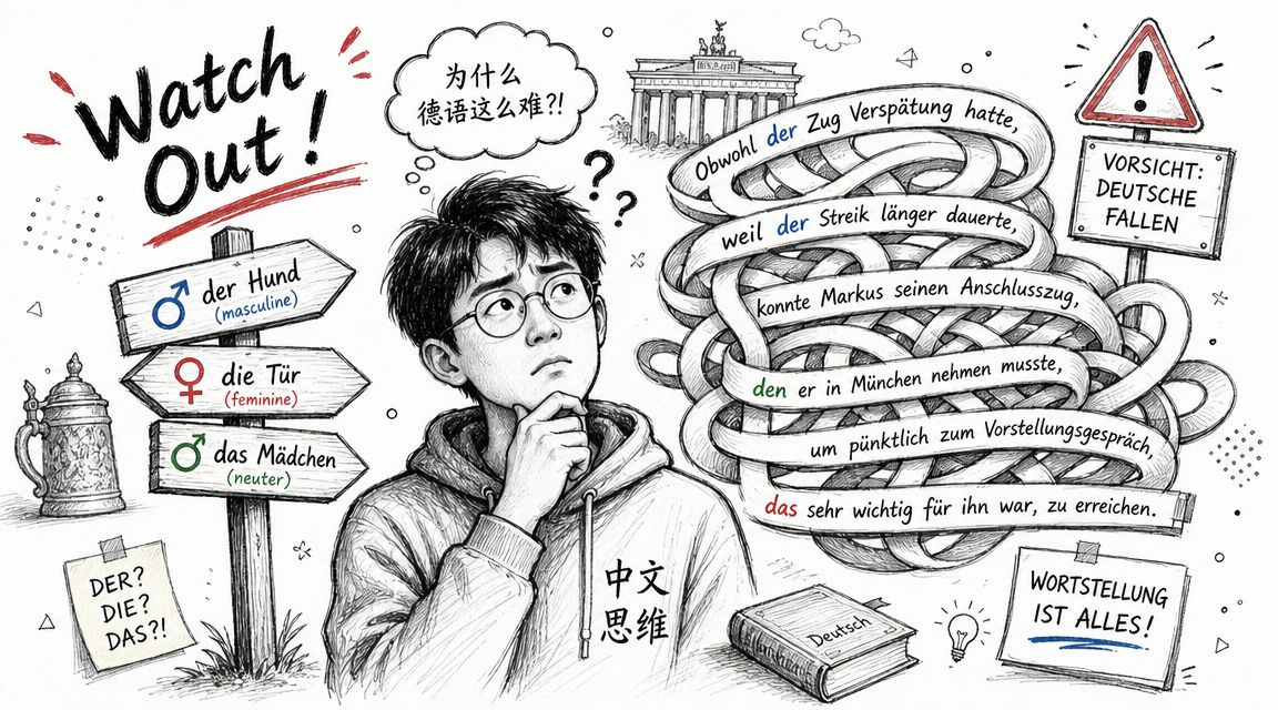 A confused young man pondering the complexities of German grammar with illustrated language challenges and grammar structures.