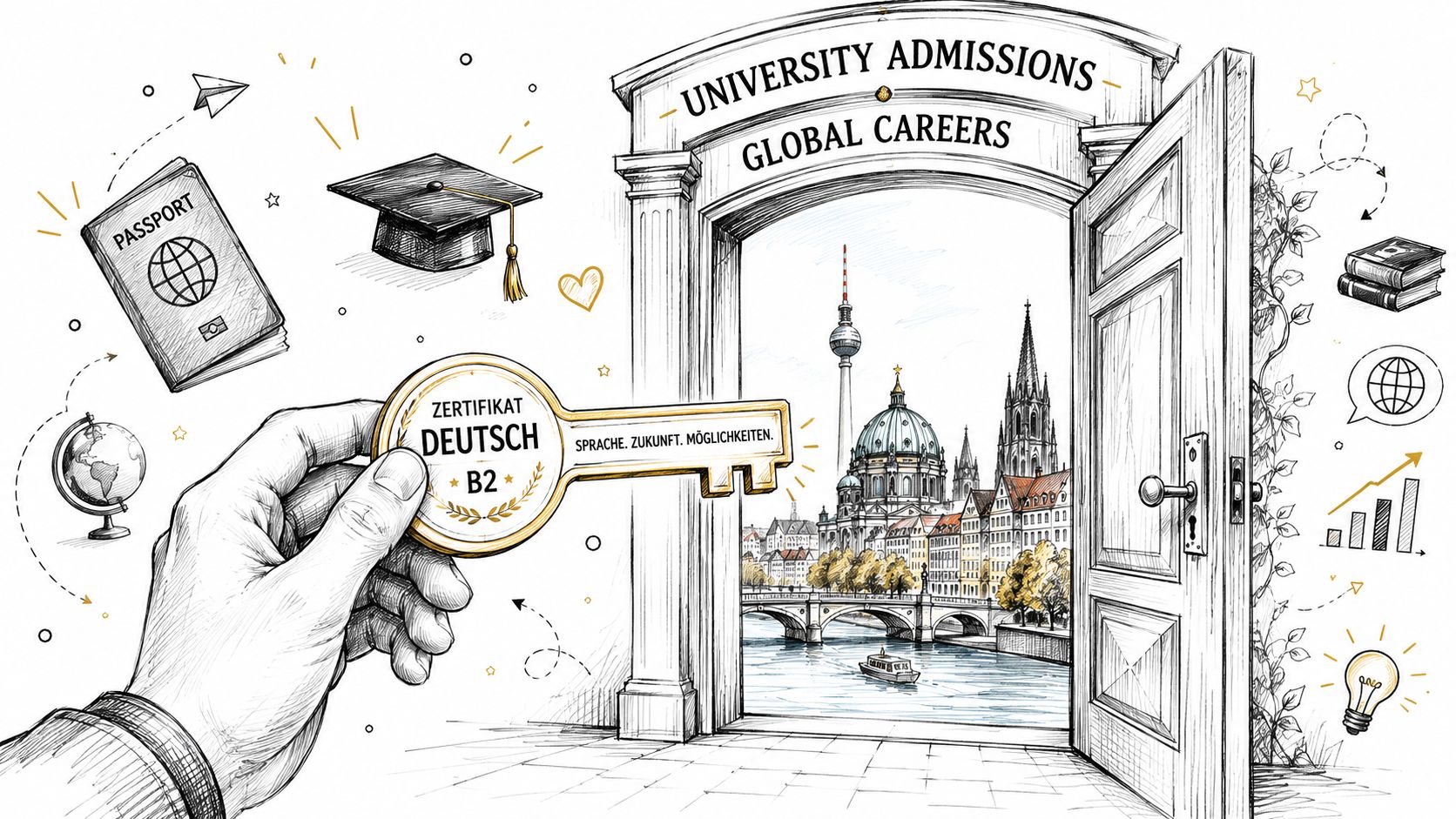 A sketch showing a hand holding a key labeled German B2 opening a door to Berlin landmarks.