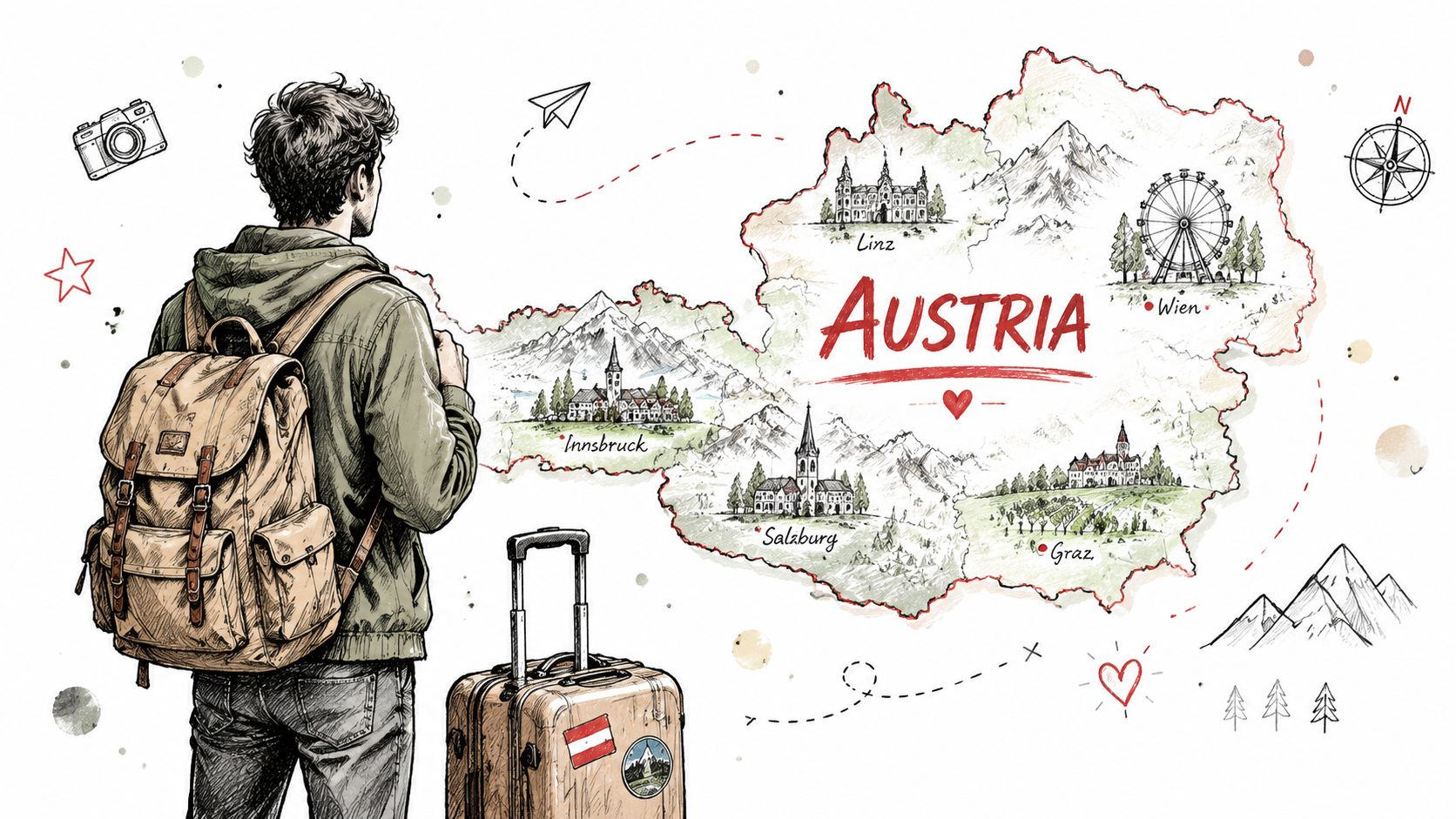 A traveler with a backpack and suitcase looking at a hand-drawn illustration map of Austria.