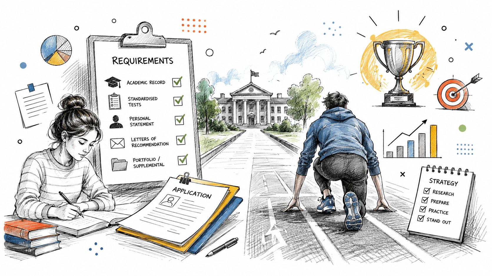 A student preparing an academic application while another student prepares to run towards a university building.