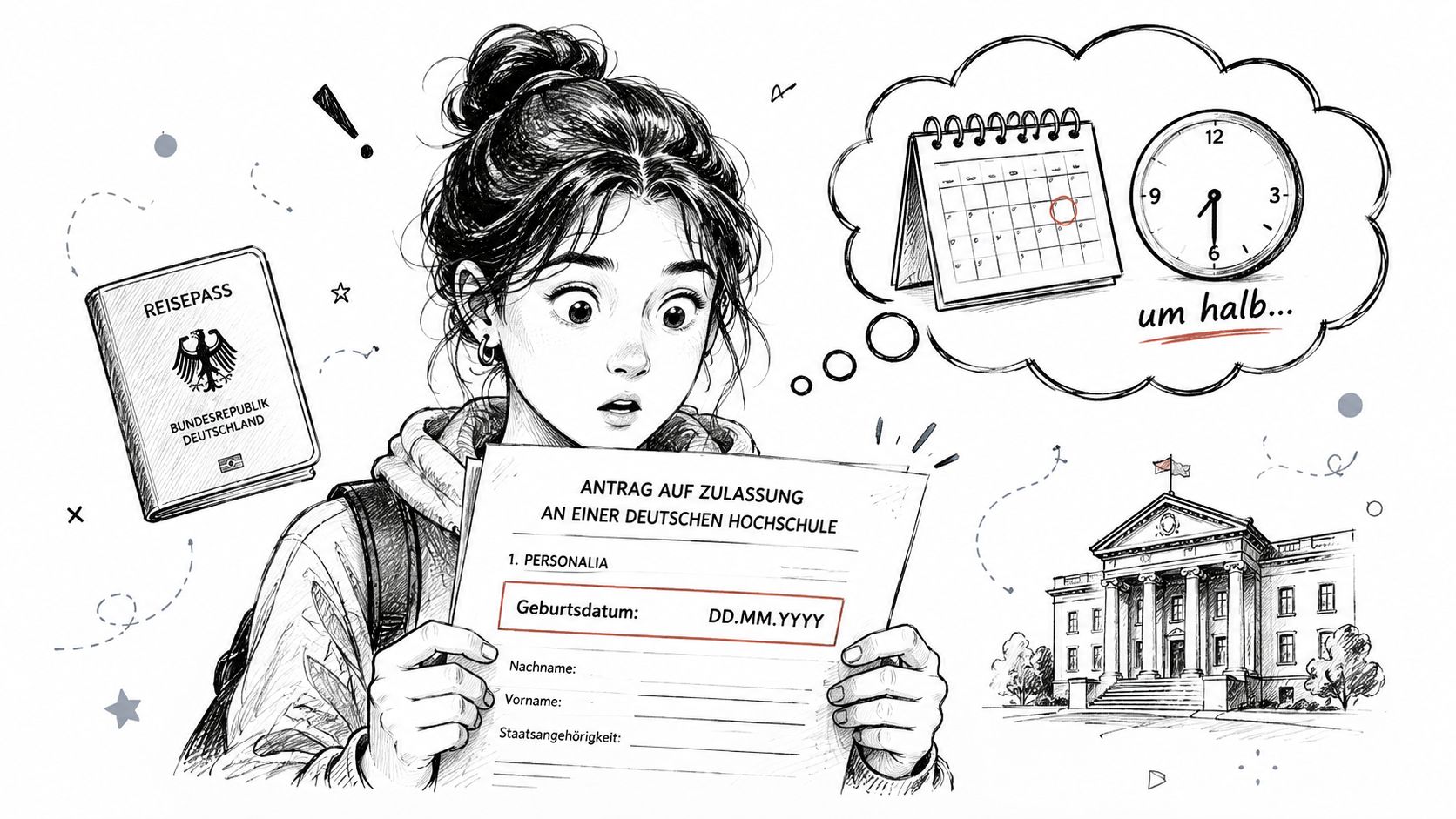 A young woman holding a German university admission form, wondering about important dates and times.