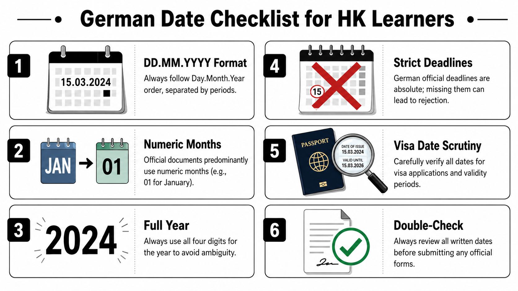 A checklist infographic titled German Date Checklist for HK Learners illustrating six tips for writing dates correctly.