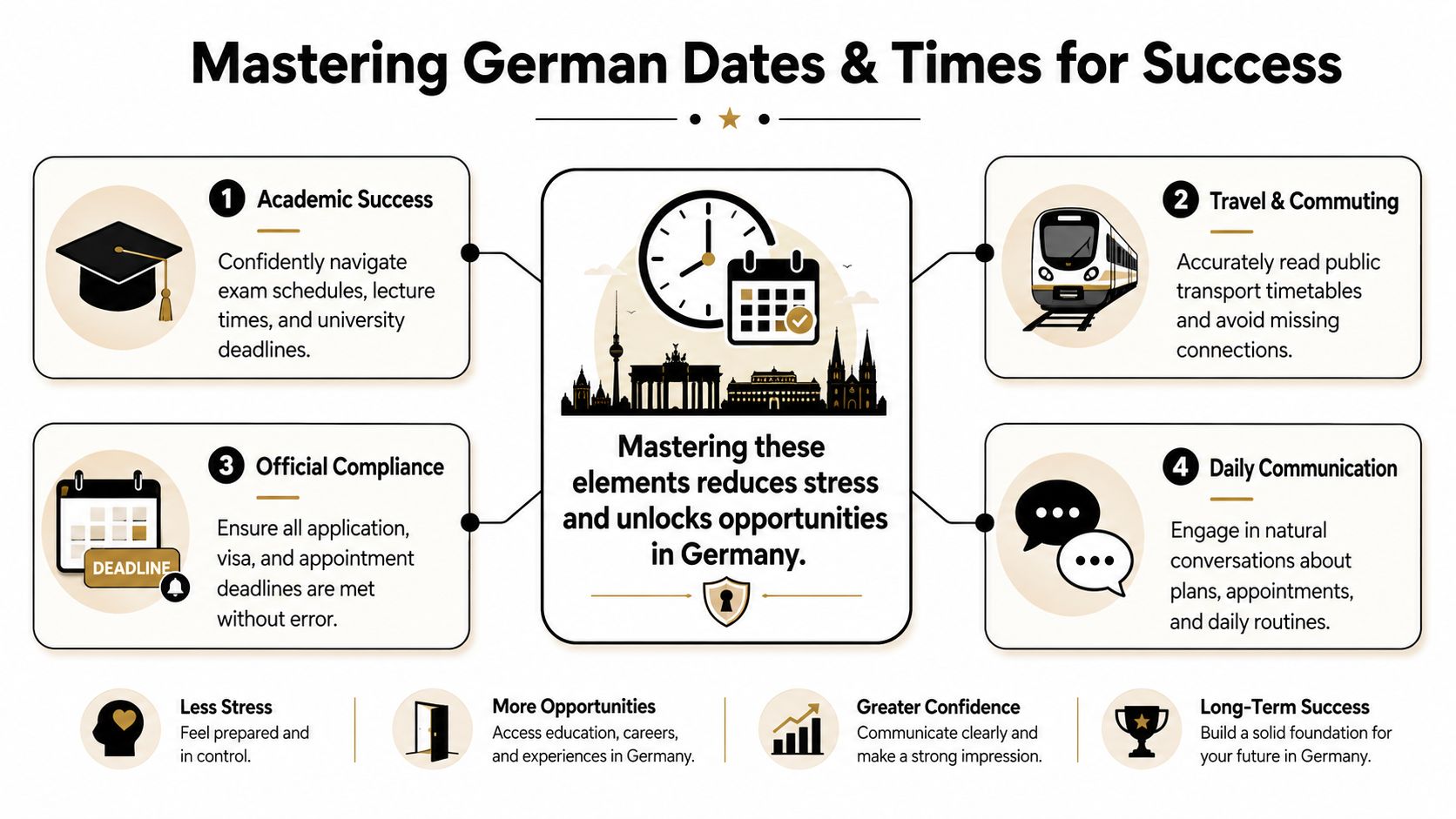 An infographic titled Mastering German Dates and Times highlighting four benefits for students and professionals in Germany.