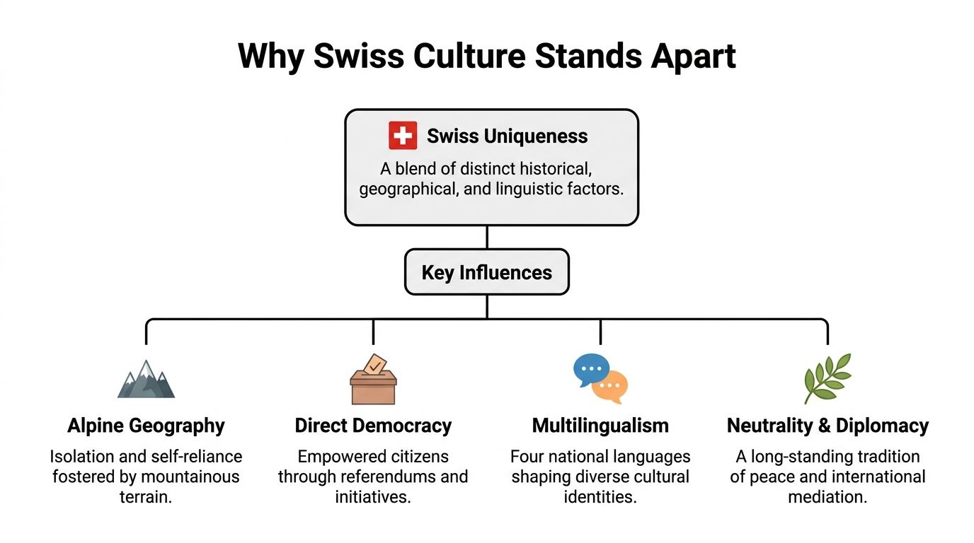 A flowchart infographic explaining the unique factors that define Swiss culture, including geography, politics, and language.