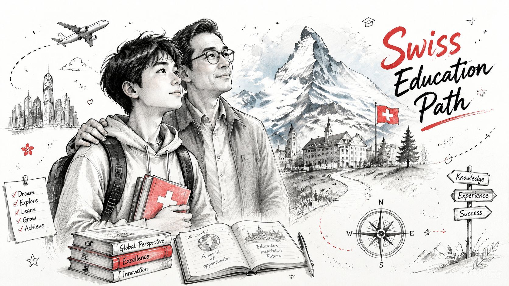 A father and son looking at a Swiss mountain landscape with educational symbols and travel themes.