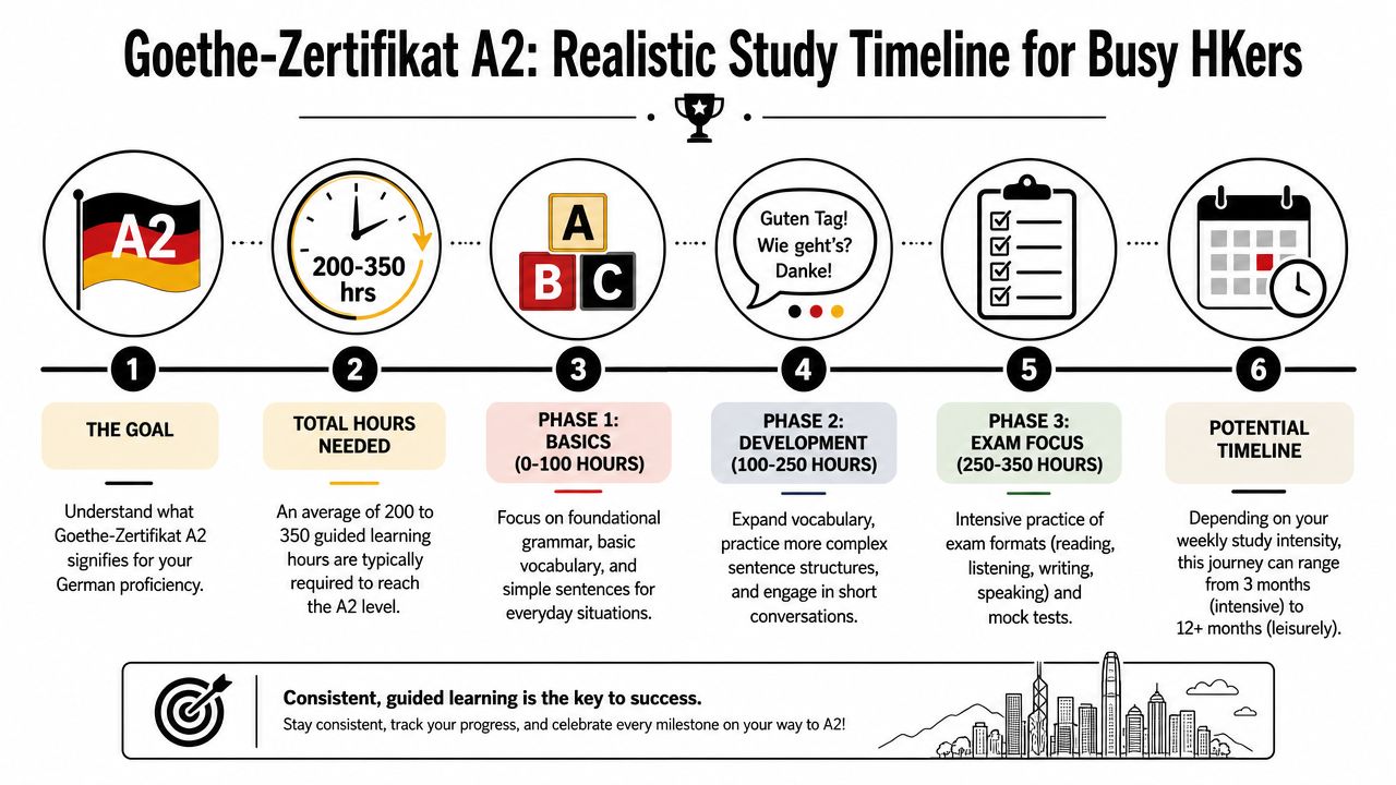 An infographic showing a six-step study timeline for passing the Goethe-Zertifikat A2 German proficiency exam.