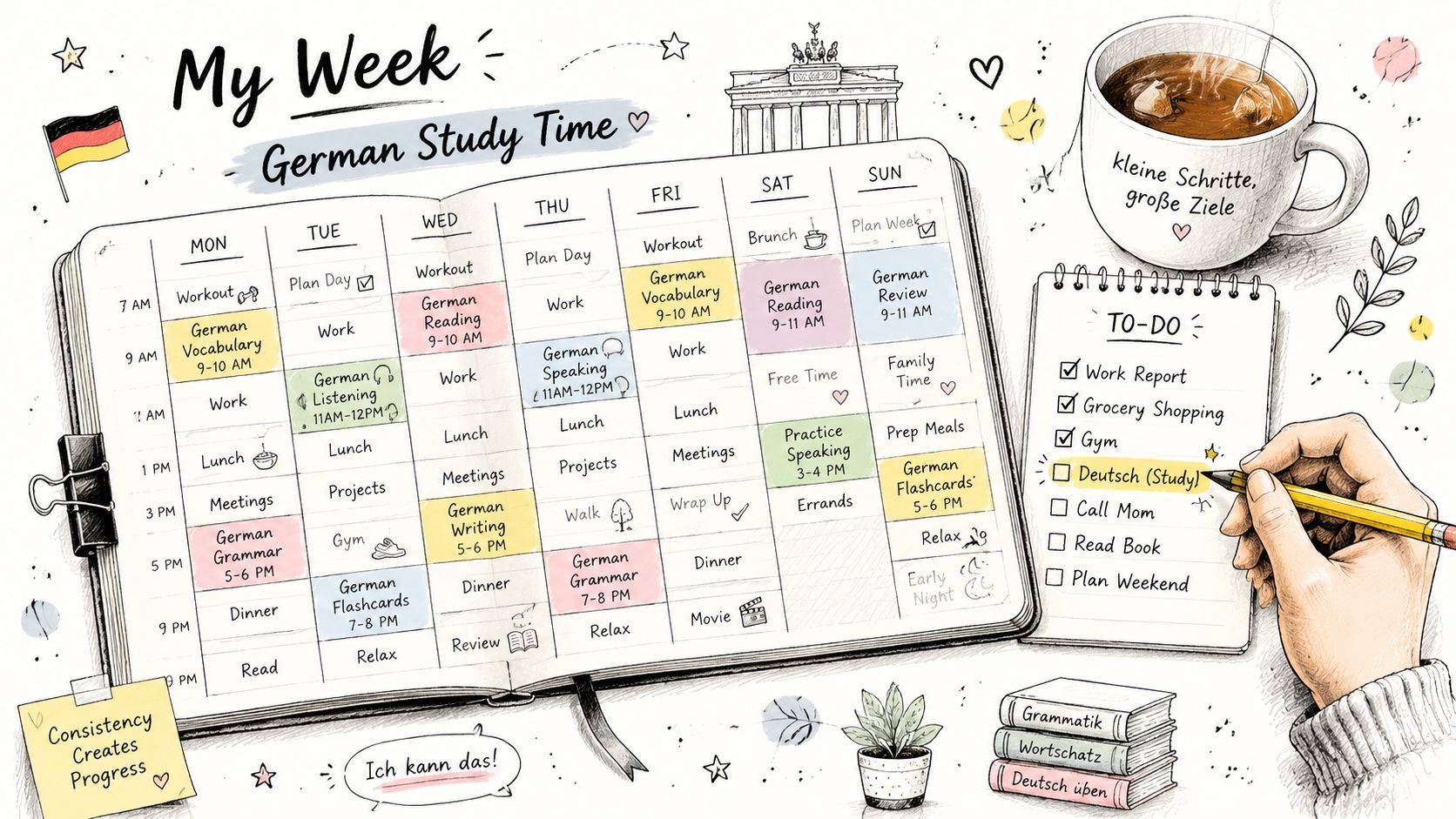 An open planner showcasing a German study schedule alongside a to-do list and coffee mug.