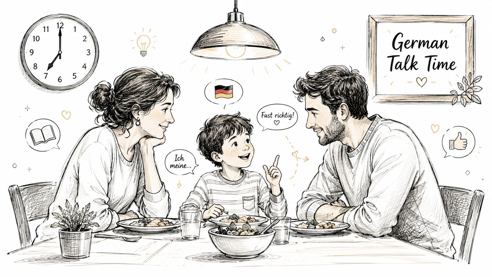 A family of three eating dinner together while engaging in a German language learning activity at home.