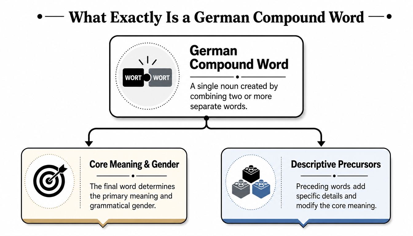 A diagram explaining German compound words, showing how they combine multiple words for meaning and gender.