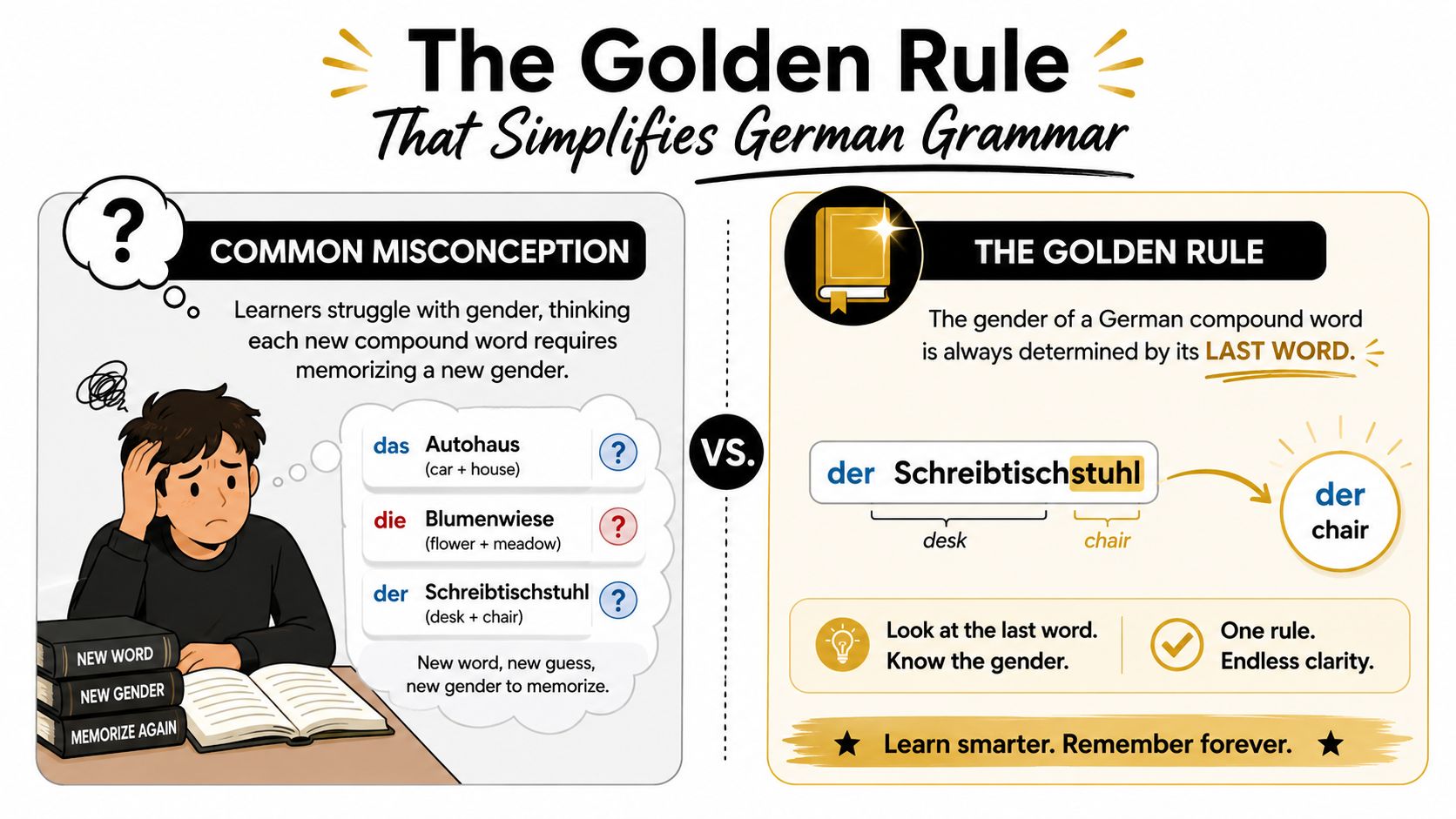 An infographic explaining that the gender of a German compound word is determined by its last word.