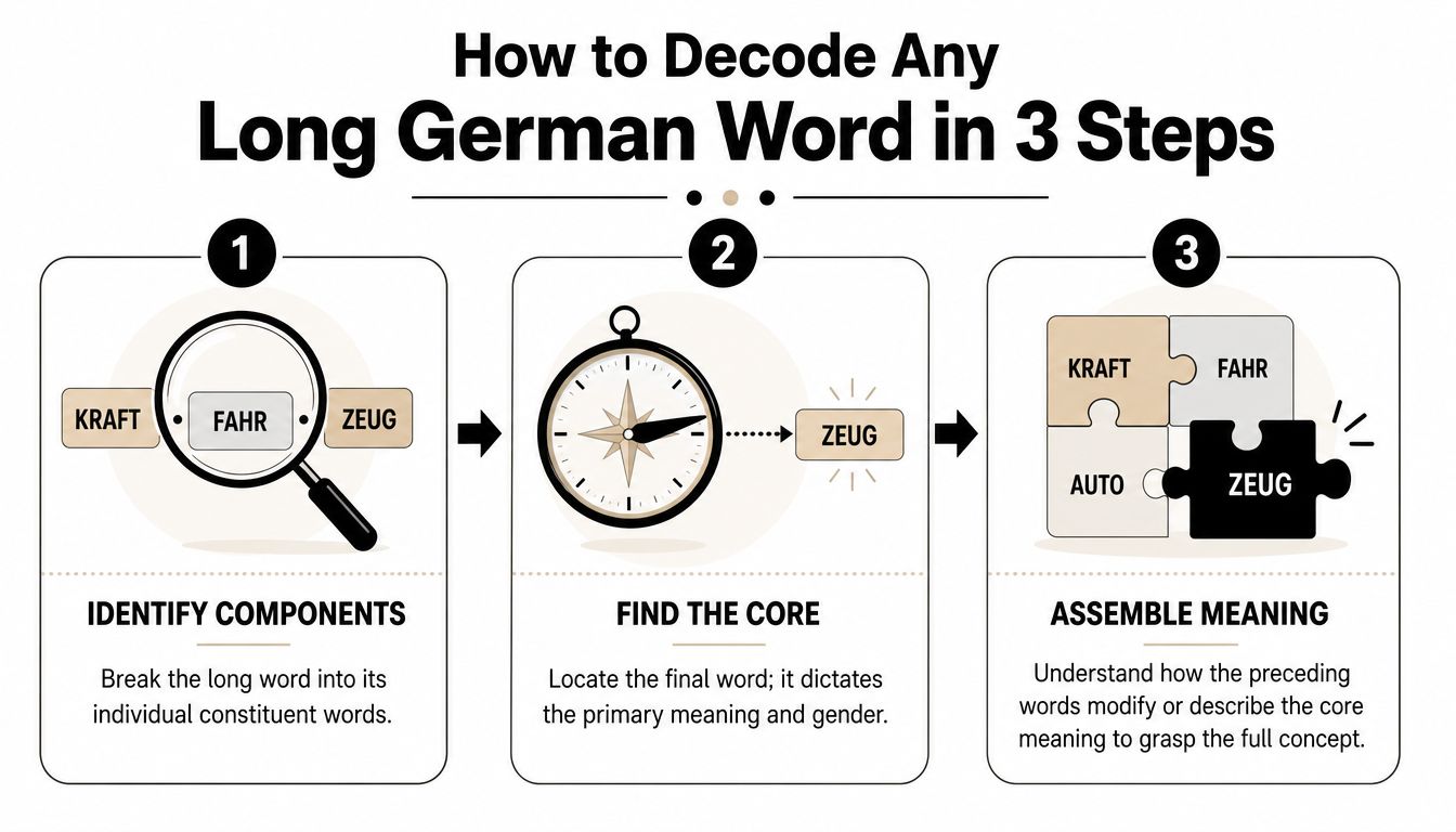 An infographic showing three steps to decode long German compound words using the example word Kraftfahrzeug.