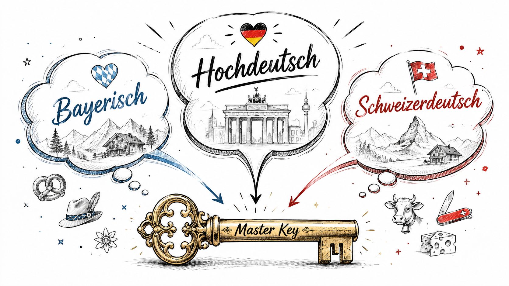 A hand-drawn illustration comparing German, Bavarian, and Swiss German language dialects using symbolic icons and a master key.