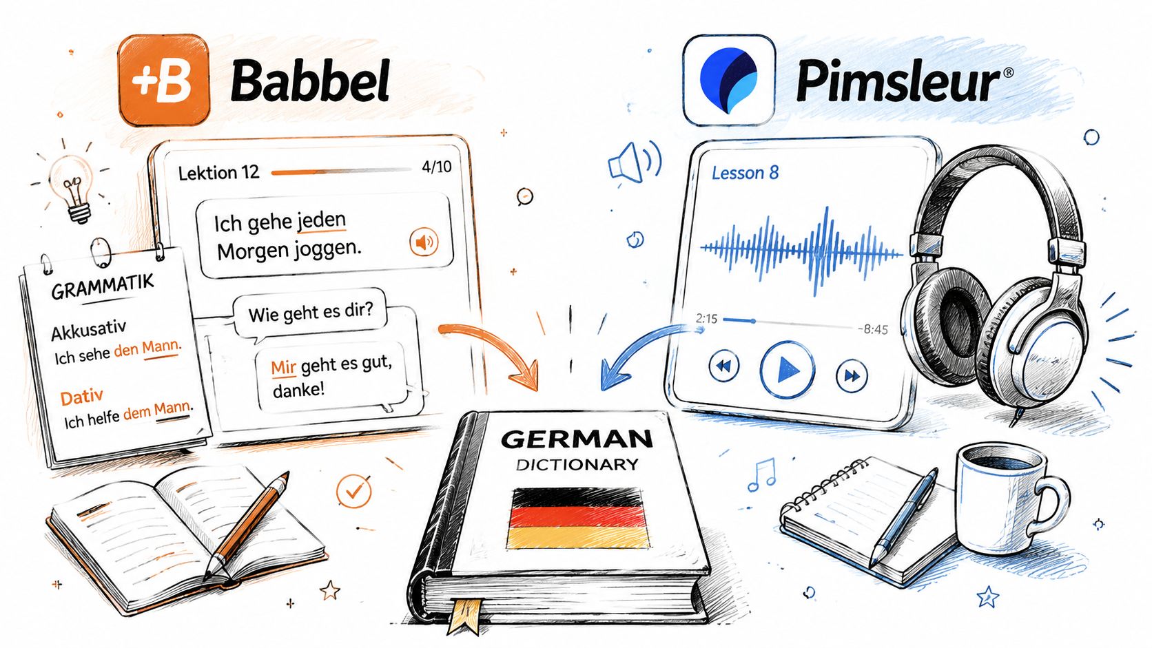 A hand-drawn illustration comparing Babbel and Pimsleur language learning apps with a German dictionary in between.