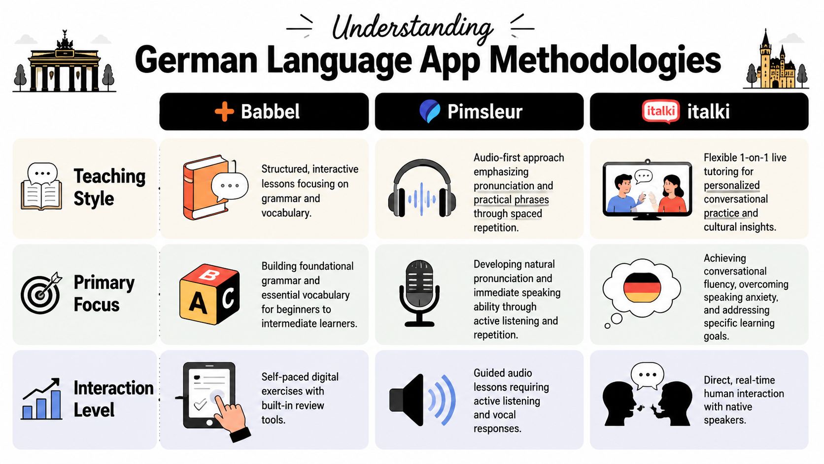 A comparison chart outlining the teaching styles, focuses, and interaction levels of Babbel, Pimsleur, and italki language apps.