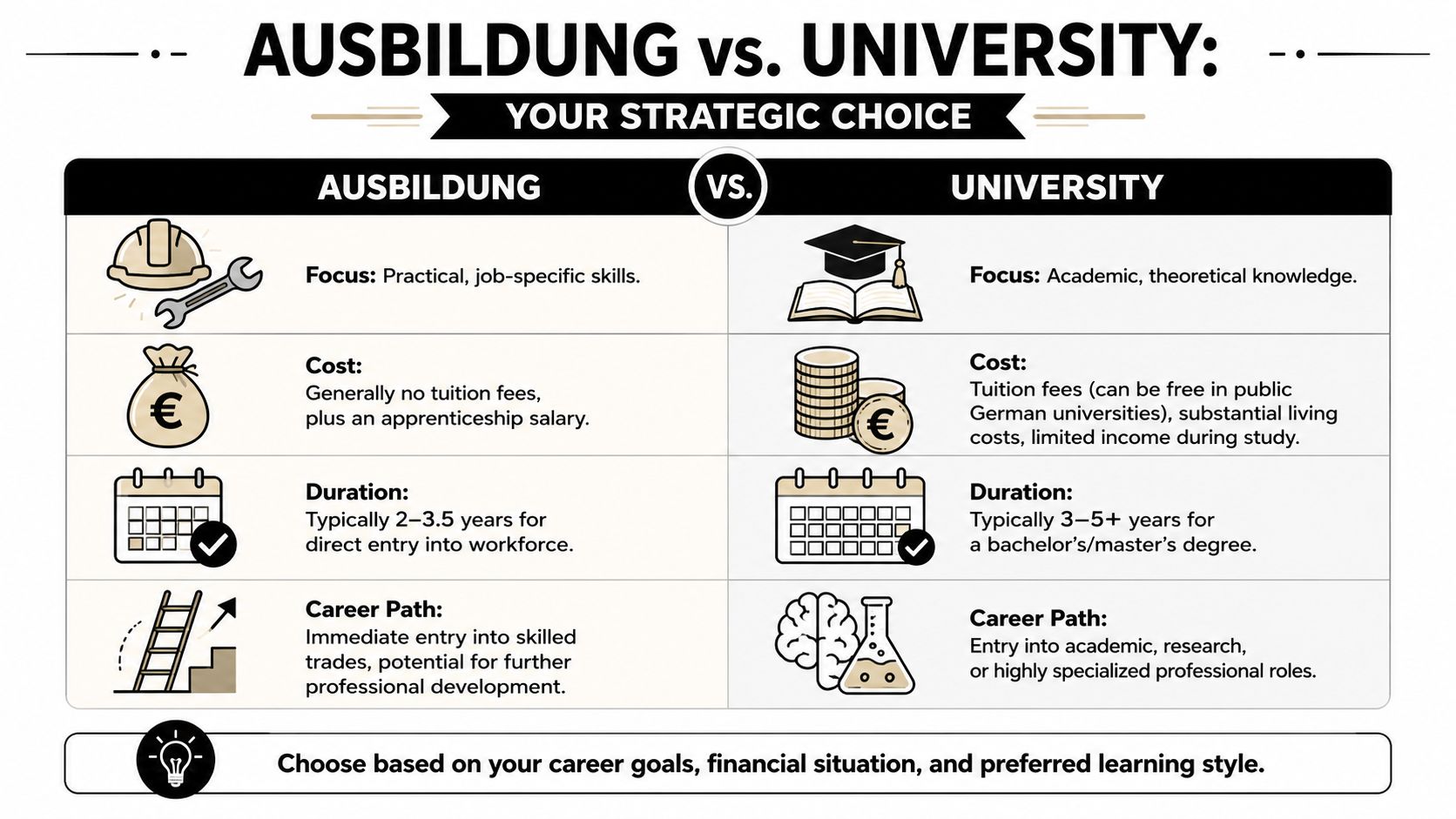 A comparison chart outlining the key differences between German Ausbildung and University education pathways.