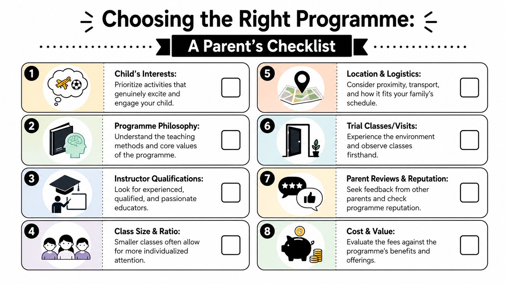 A checklist infographic for parents to follow when choosing the right after-school programmes for their children.