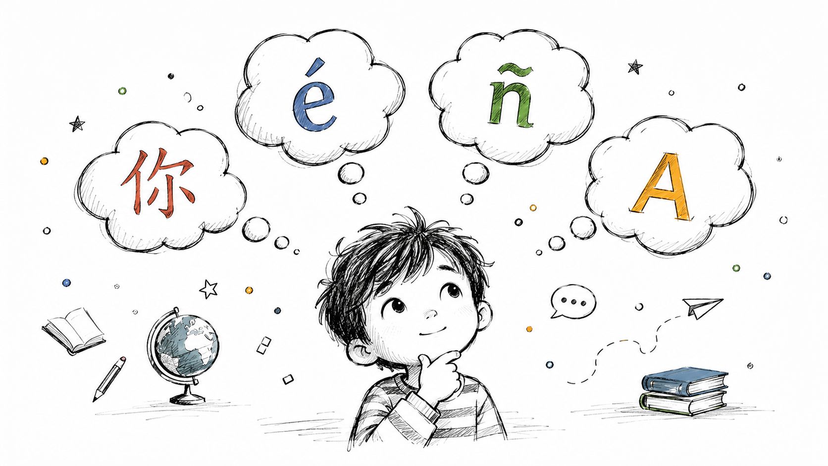 A curious young boy thinking about different languages and global learning, illustrated in a sketch style.