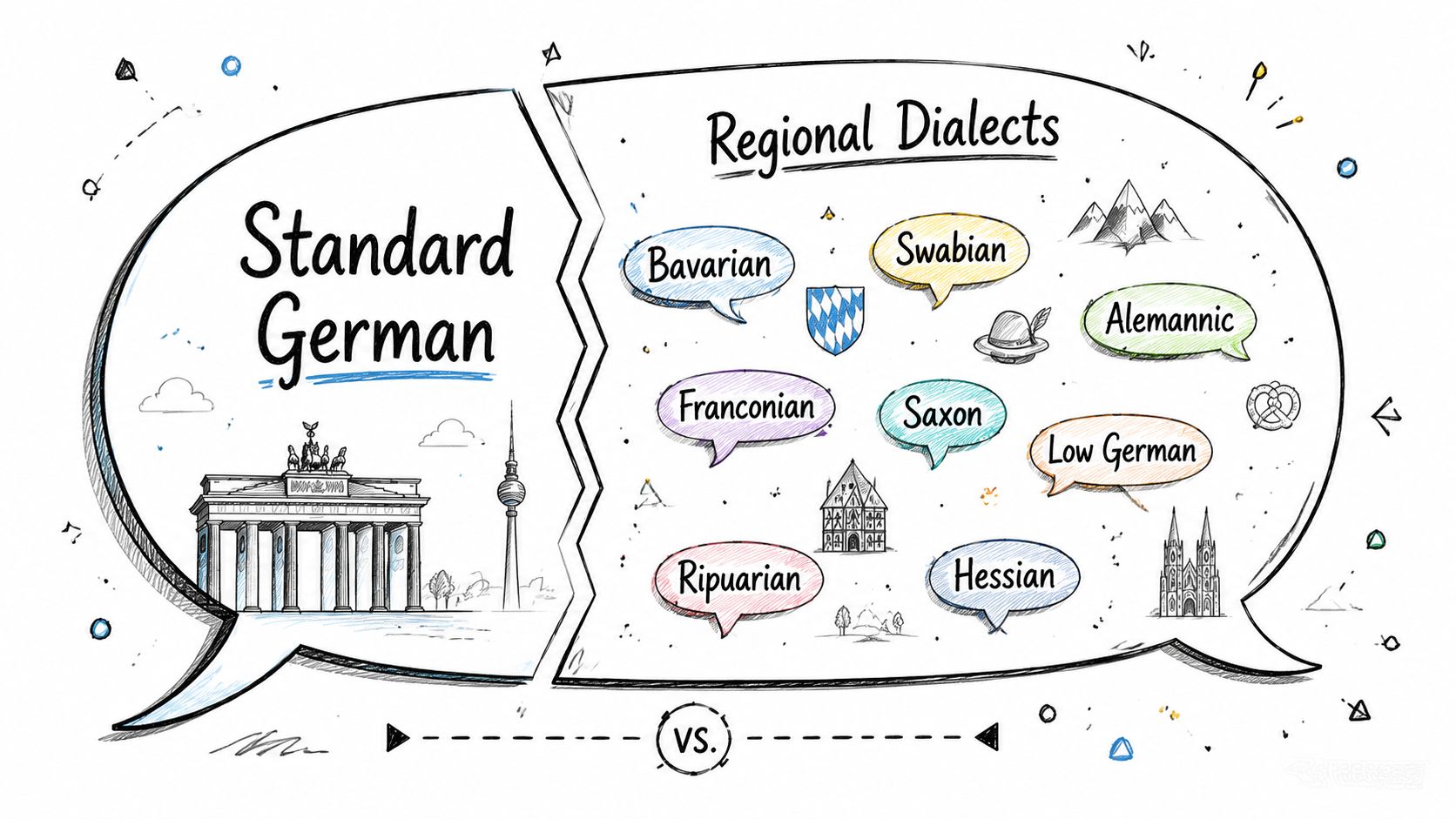 An infographic illustration comparing Standard German to various regional dialects spoken across Germany, such as Bavarian and Swabian.