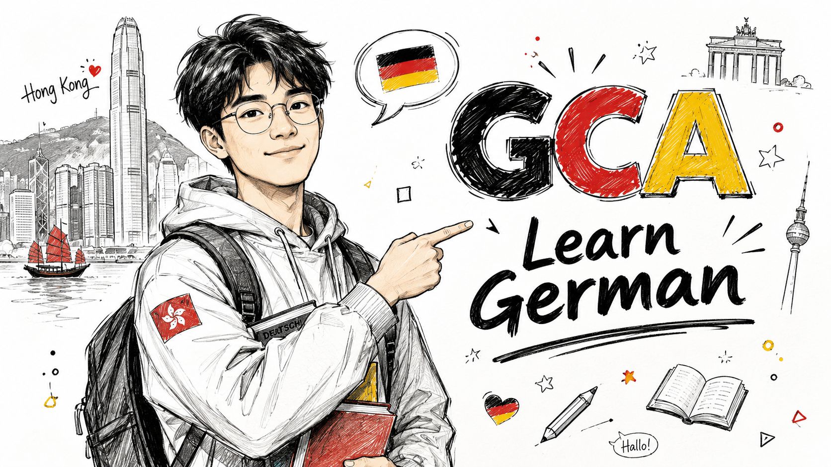 A young Asian student pointing towards the text GCA Learn German with city landmarks in the background.