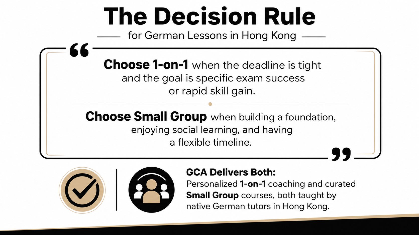 A decision guide for choosing between private 1-on-1 German lessons and small group classes in Hong Kong.