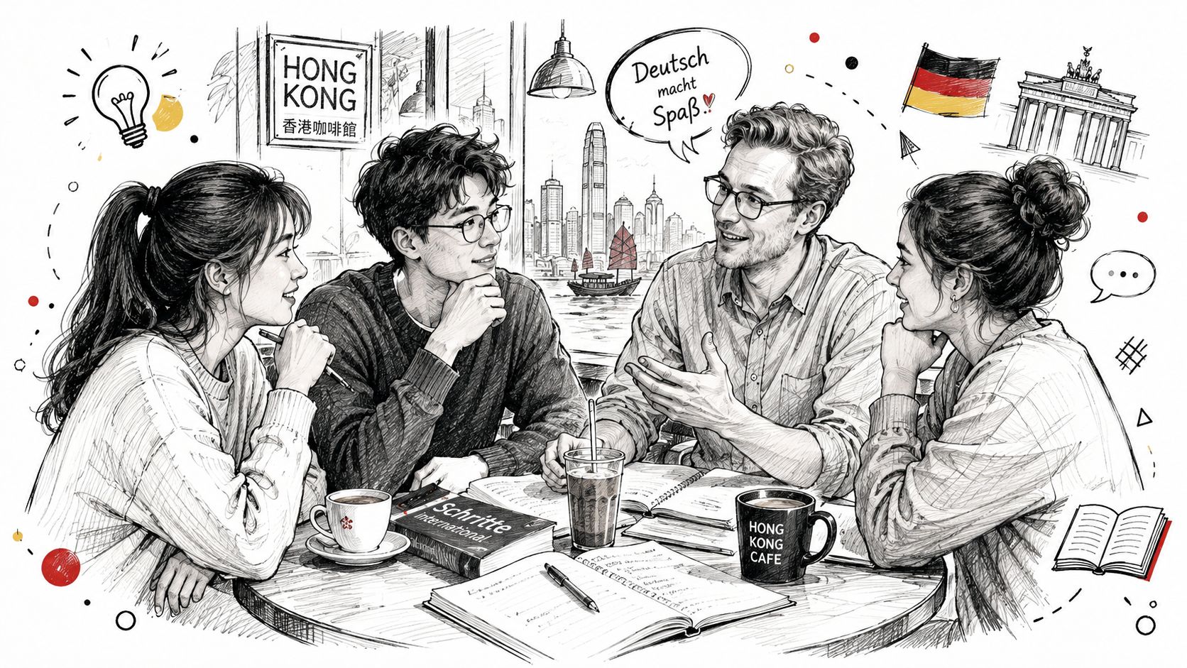 Four students sitting around a table in a cafe, studying German language with books and coffee.