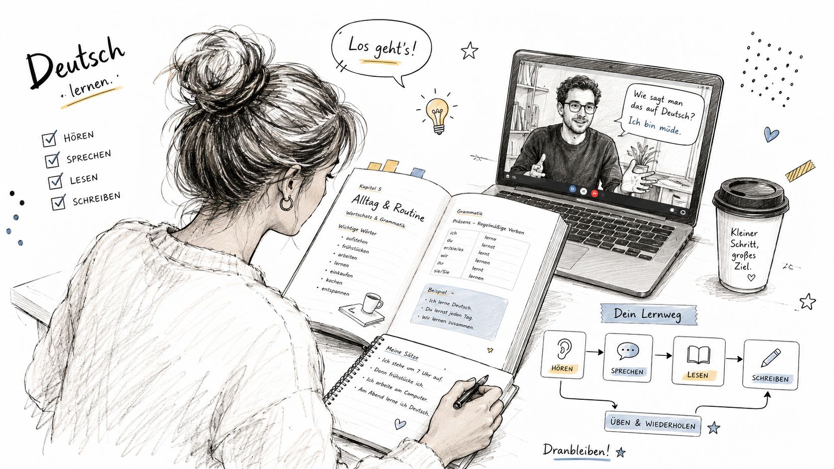 A young woman studying German on her laptop, featuring vocabulary notes, verb conjugations, and study habits.