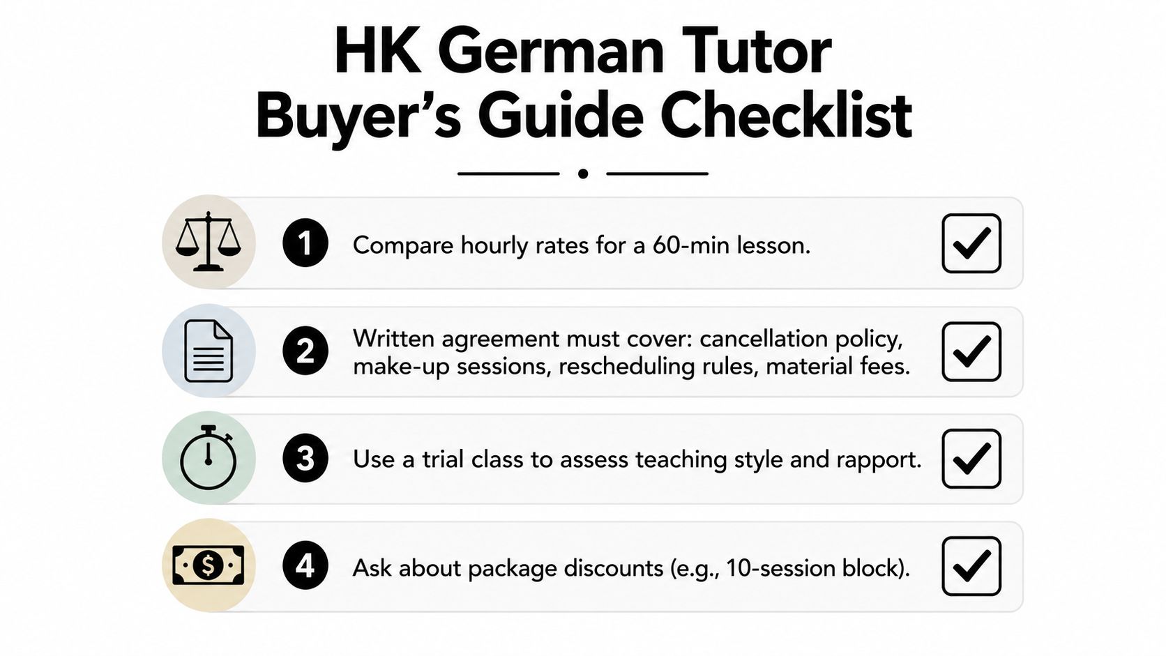 A checklist for choosing a German tutor in Hong Kong, highlighting rates, contracts, trials, and discounts.