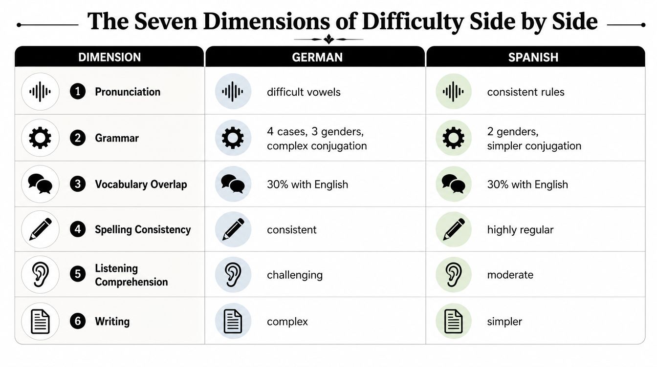 A comparison table titled The Seven Dimensions of Difficulty outlining differences between German and Spanish language learning.