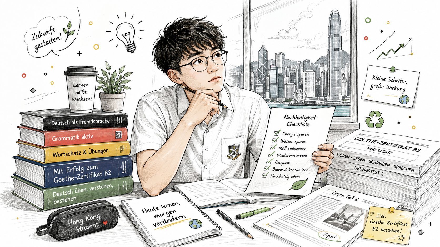 A young student studying German language materials with a sustainability checklist, overlooking the Hong Kong skyline.