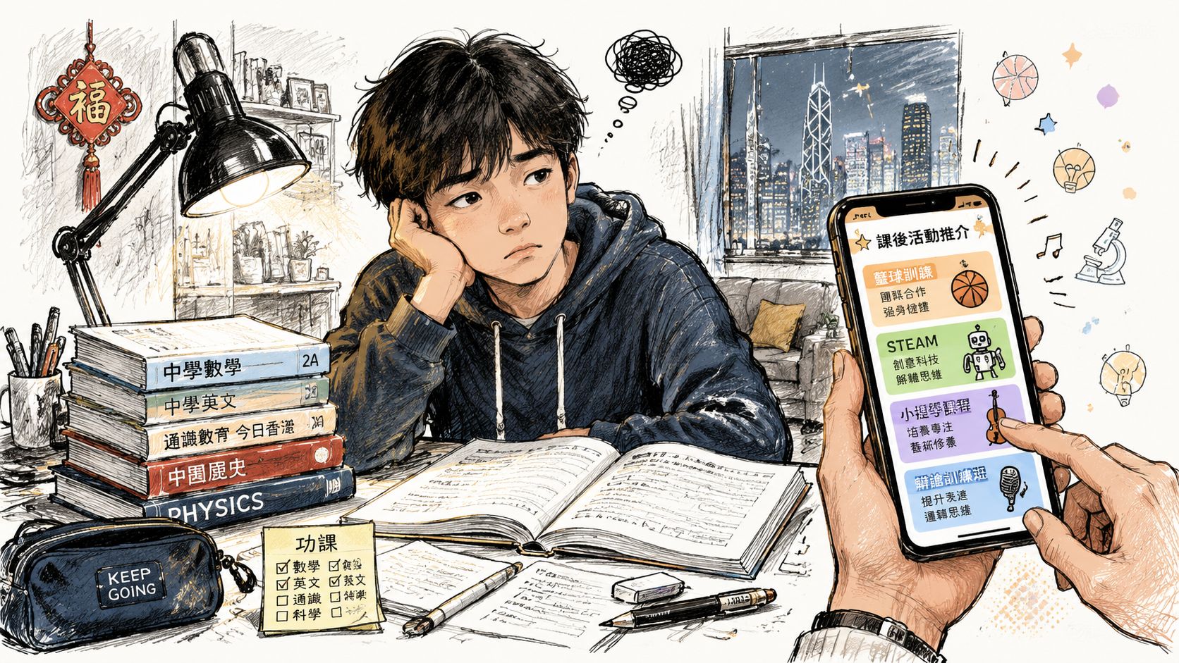 A tired student sitting at a desk studying while considering various after-school activities on a smartphone.