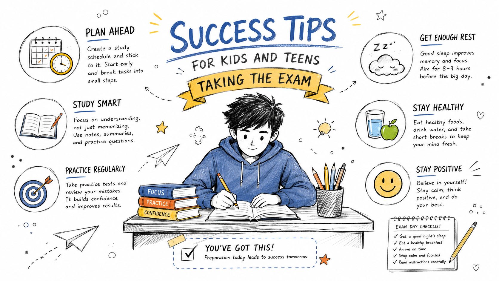 An illustrated guide providing helpful study and preparation tips for kids and teens taking exams.