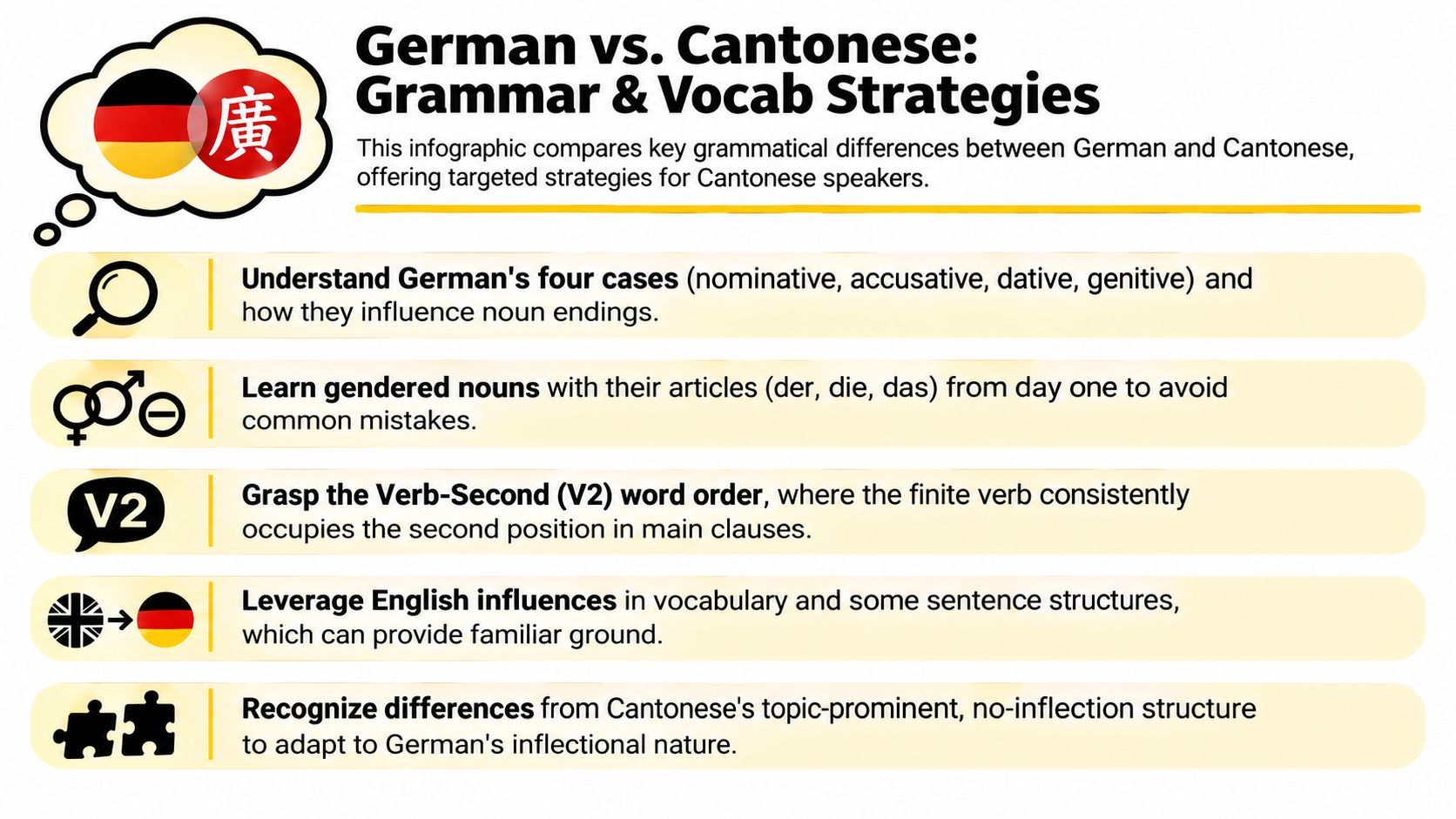 An infographic summarizing key grammar and vocabulary strategies for Cantonese speakers learning the German language.