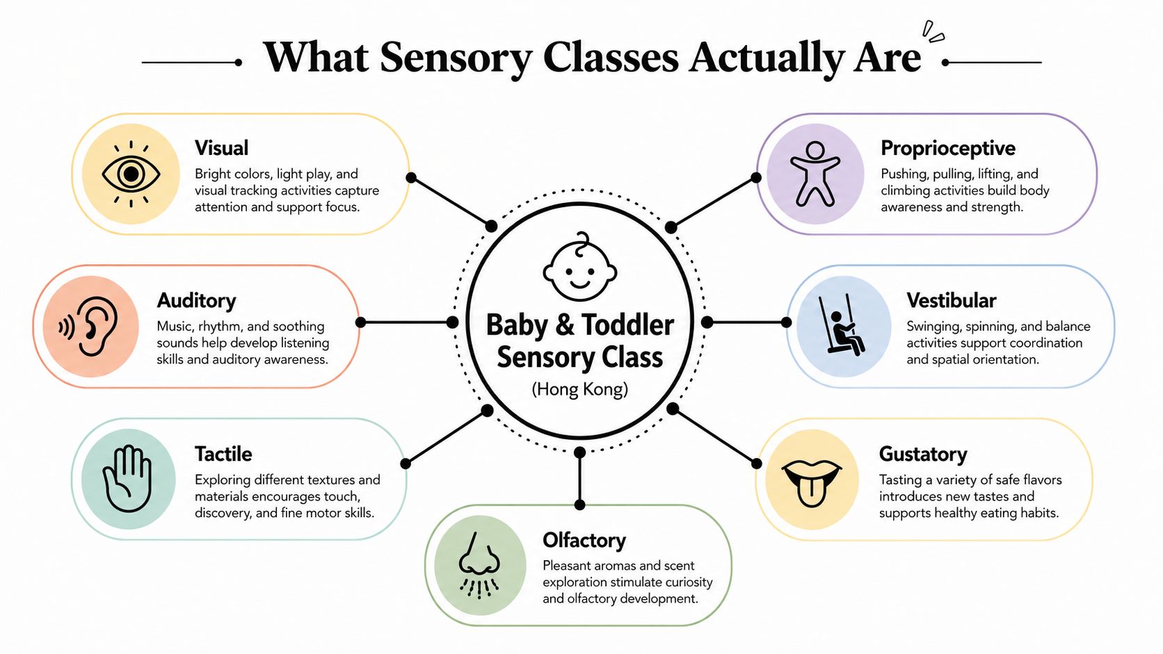 A diagram explaining various sensory development areas for baby and toddler classes including visual, auditory, tactile, and more.