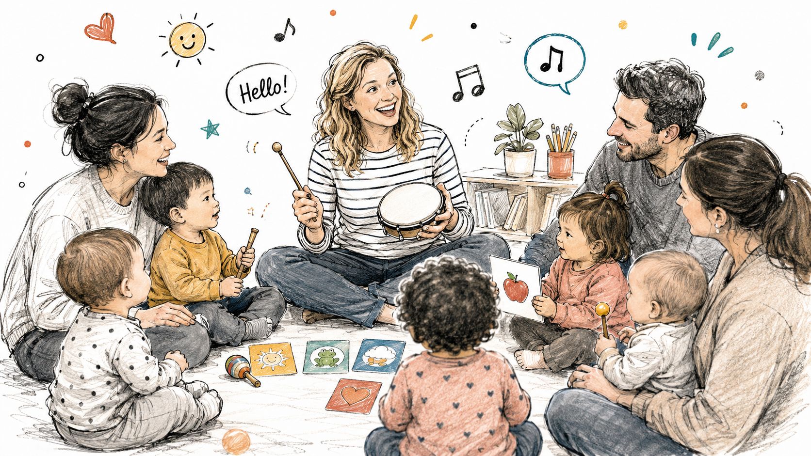 A woman teaching music and language to a diverse group of toddlers with parents in a classroom.