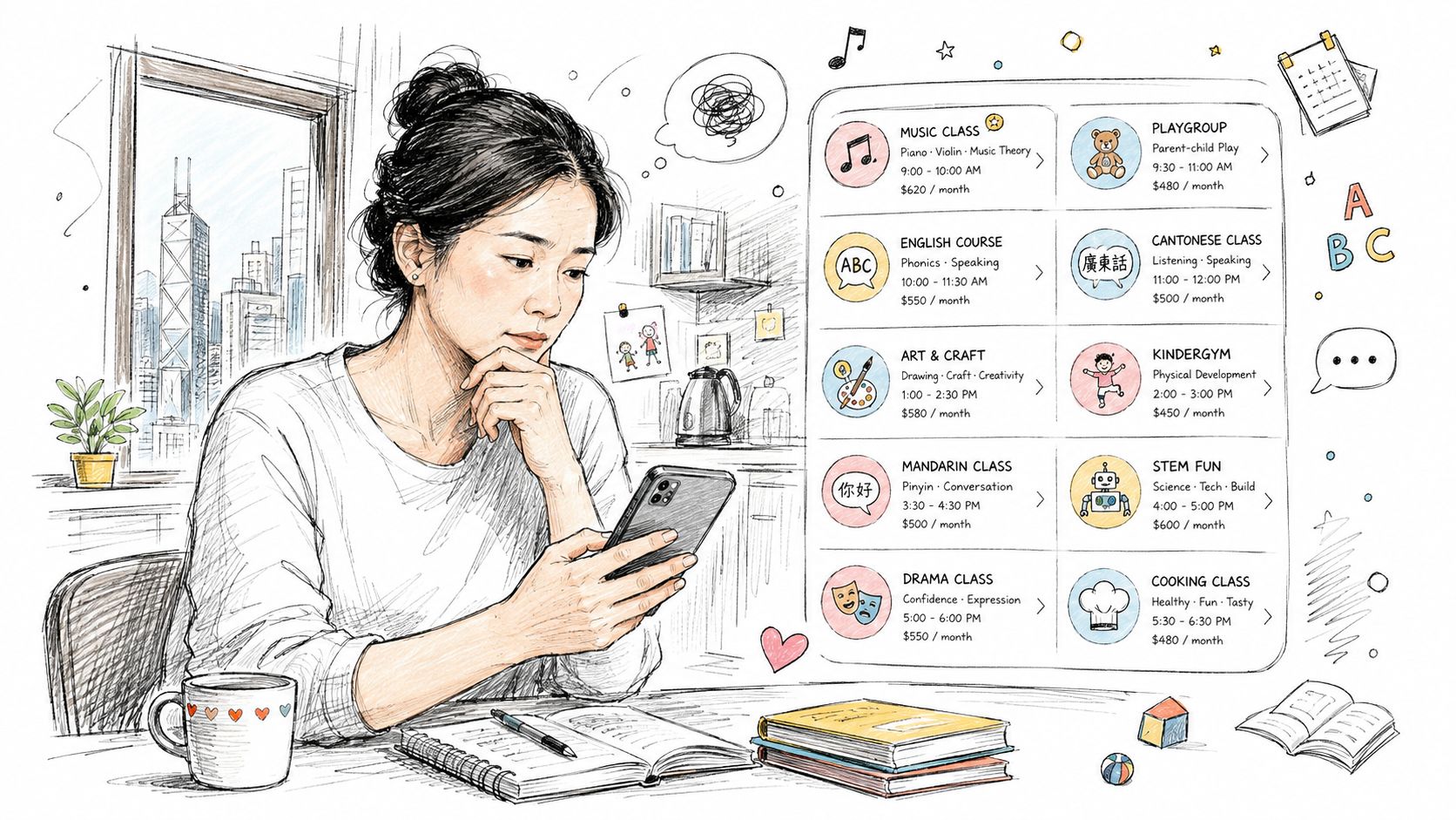 A woman looks at her phone while considering various children's after-school activities on a digital schedule board.