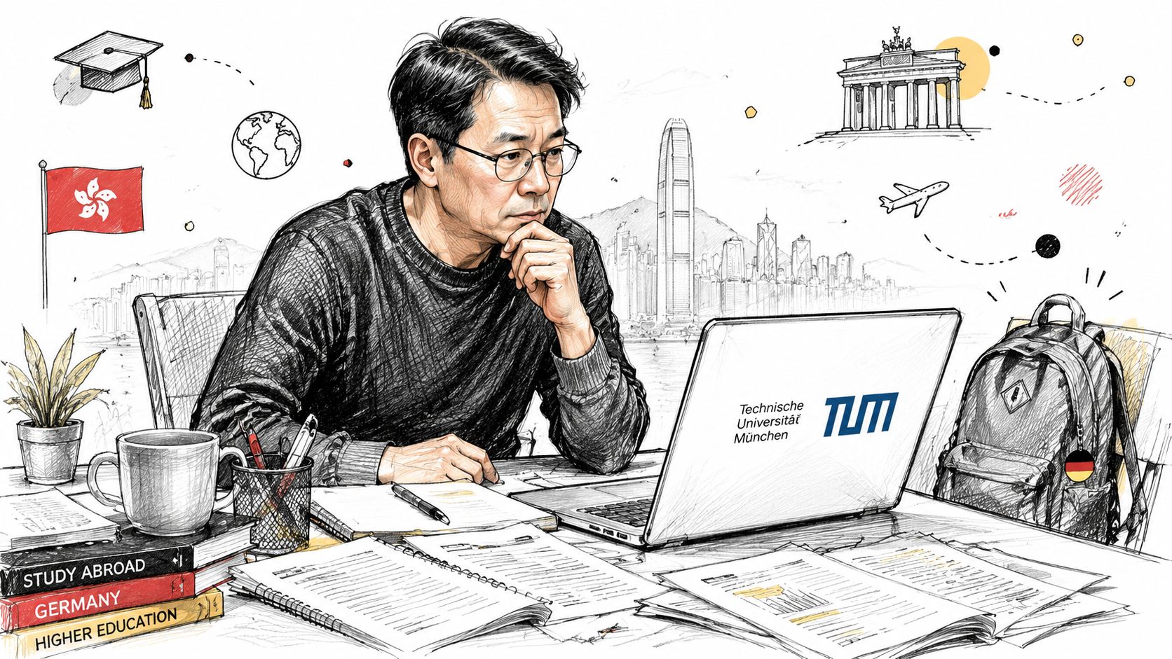 A professional man studying on his laptop with international academic symbols and university branding on his screen.