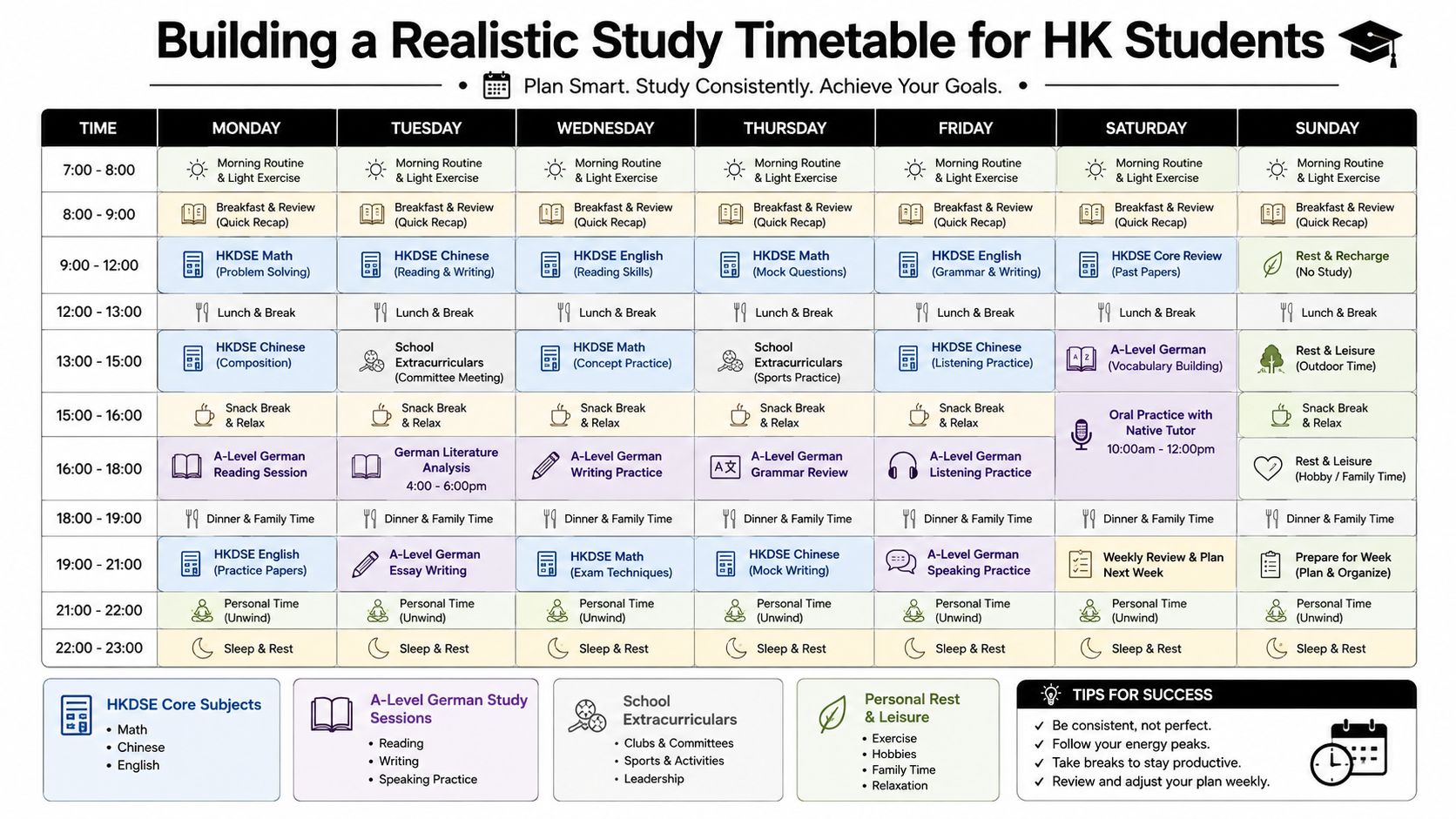 A weekly study timetable for HK students balancing HKDSE core subjects and A-Level German language studies.