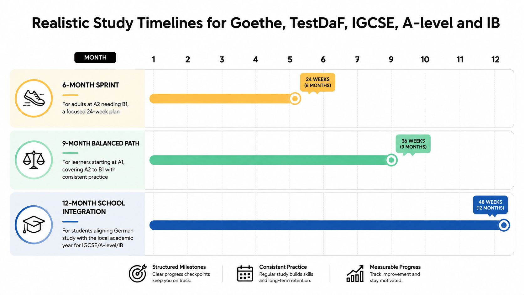 An infographic showing three distinct study timelines for German language learners ranging from 6 to 12 months.