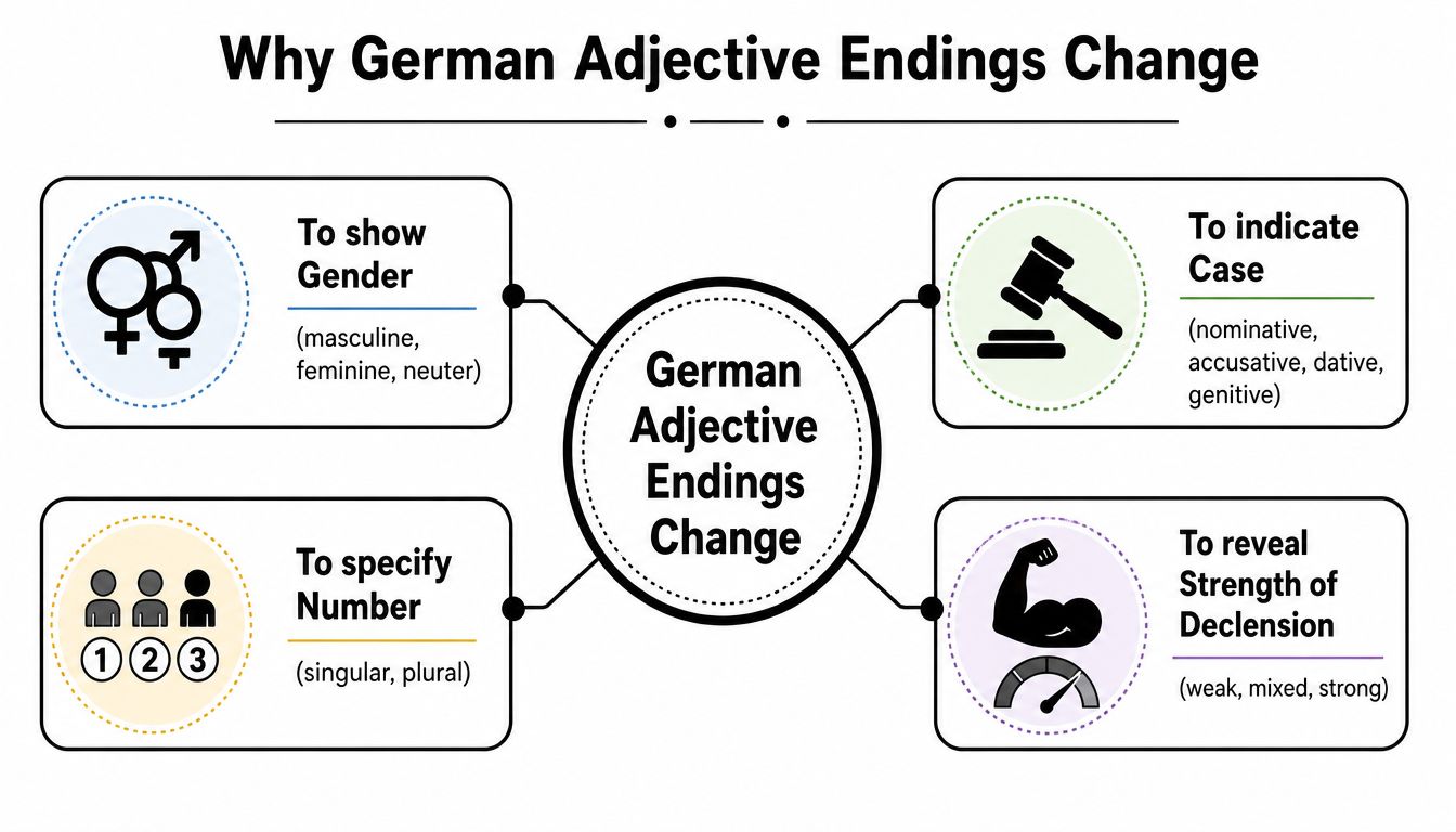A diagram explaining that German adjective endings change to indicate gender, case, number, and strength of declension.