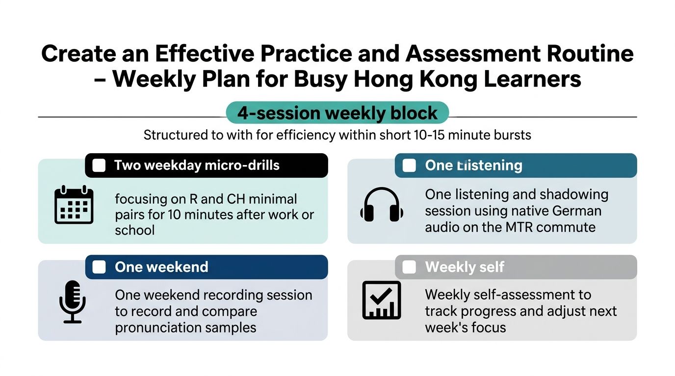 A weekly study plan infographic for learning German pronunciation, featuring short daily drills and assessment sessions.