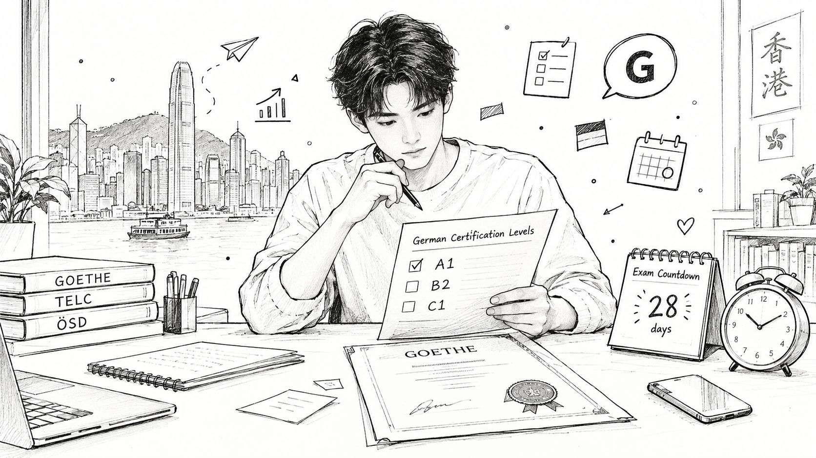 A student studying for a German certification exam in a bright Hong Kong office workspace.