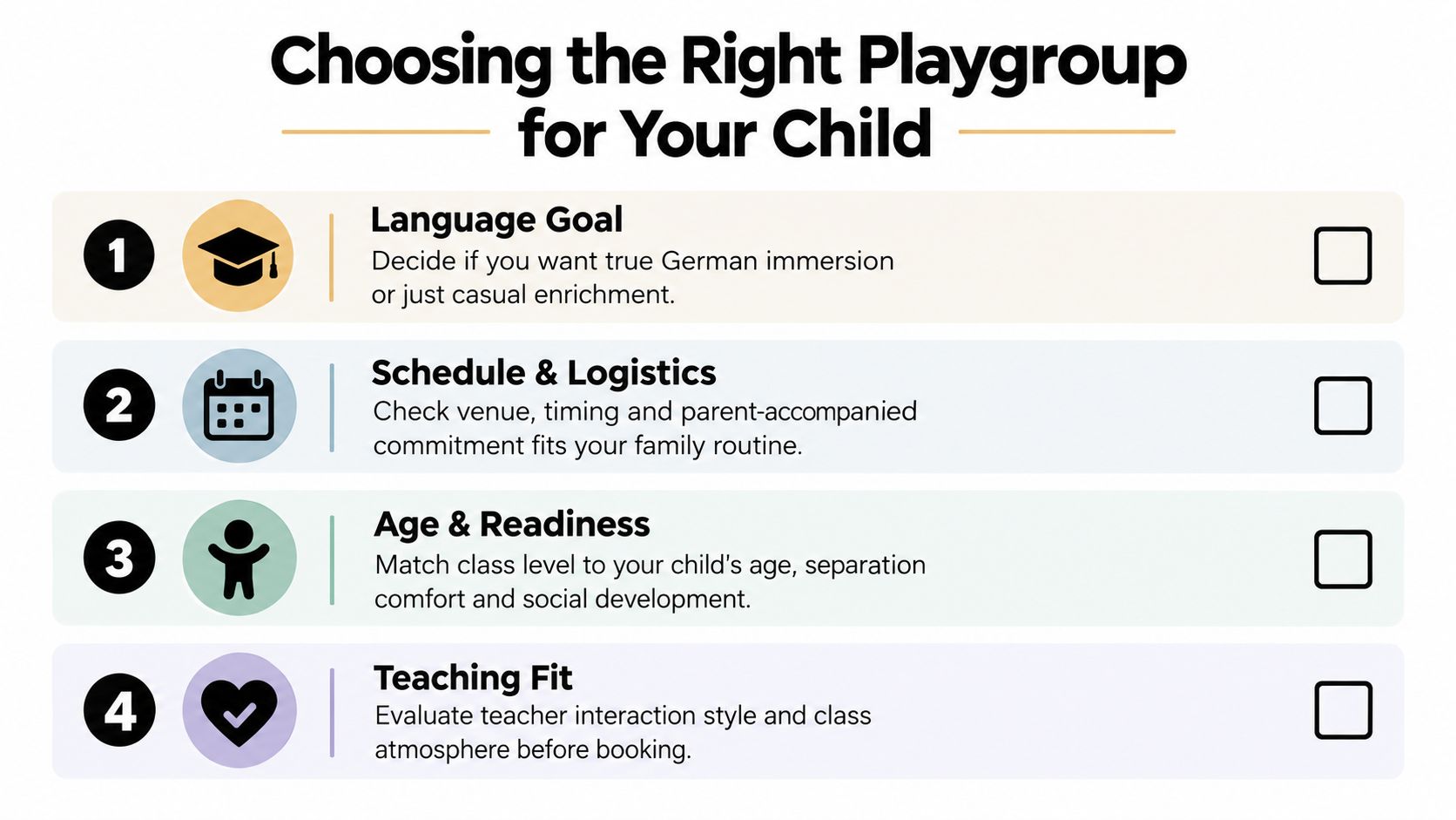 A guide listing four essential steps for parents to consider when choosing a German playgroup.