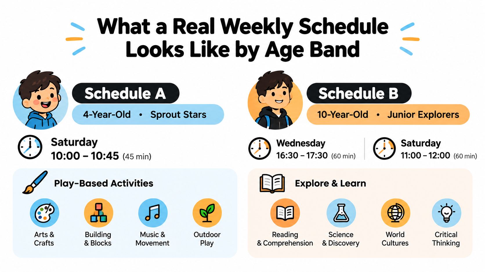 An infographic comparing weekly schedules for a 4-year-old and a 10-year-old in educational programs.